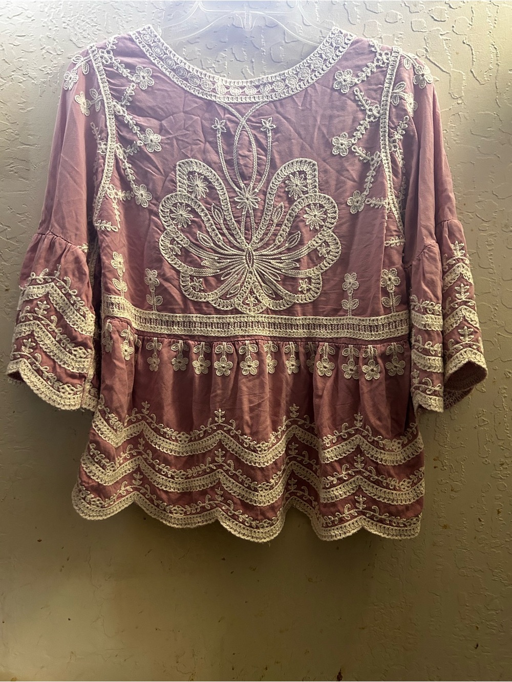 Boho Embroidered Tunic Top in Dusty Rose